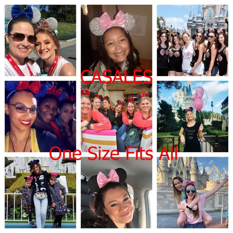 May include: A collage of photos featuring people wearing sparkly Minnie Mouse ears in various colors, including pink, blue, and black. The photos are taken at Disney World and show people smiling and having fun. The text "CASALES" and "One Size Fits All" is visible in the collage.