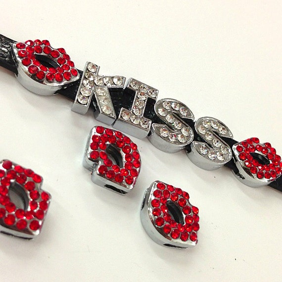 Set of 10pc Rhinestone Red Lips Kiss Slide Charm - Fits 8mm Wristband for Jewelry / Crafting