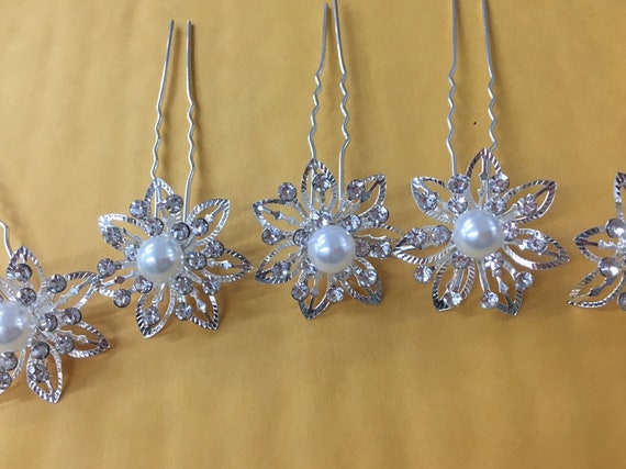 Set of 6 Rhinestone Faux Pearl Hair Pin use for Wedding Bouquet, Flower Embellishment, Wedding Favor, Bridal Hair Pin 28mm, Hair Jewelry