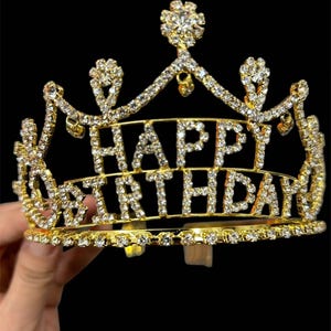 Silver Gold rose gold Crystal Rhinestone Happy Birthday Tiara Crown Comb for Cake Topper / 21st 30th 40th 50th wedding birthday tiara crown Gold happy birthday