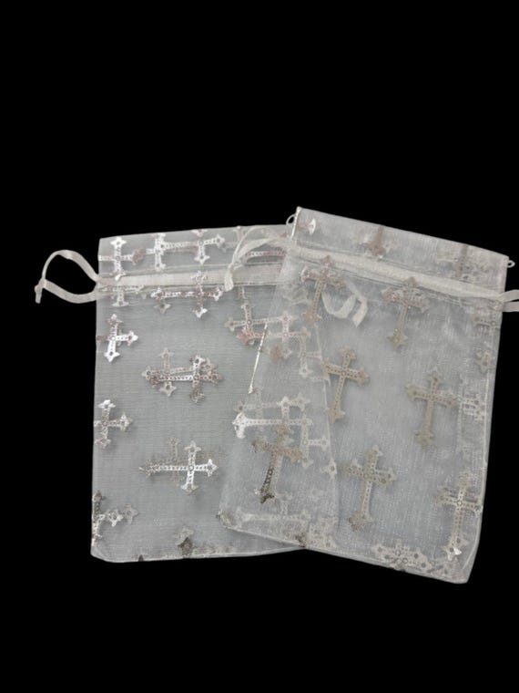 12 pcs cross print organza Bag 3"x 4" 4"x5" 5"x7"religious  Favor Bags, baptism favor, Bags Jewelry candy Packing Pouch Drawstring Bag