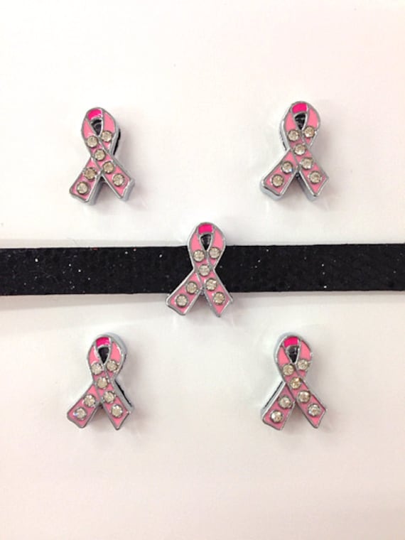 Set of 10pc Pink Rhinestone Ribbon / Breast Cancer Pink Ribbon Awareness Slide Charm Fits 8mm Wristband for Jewelry / Crafting
