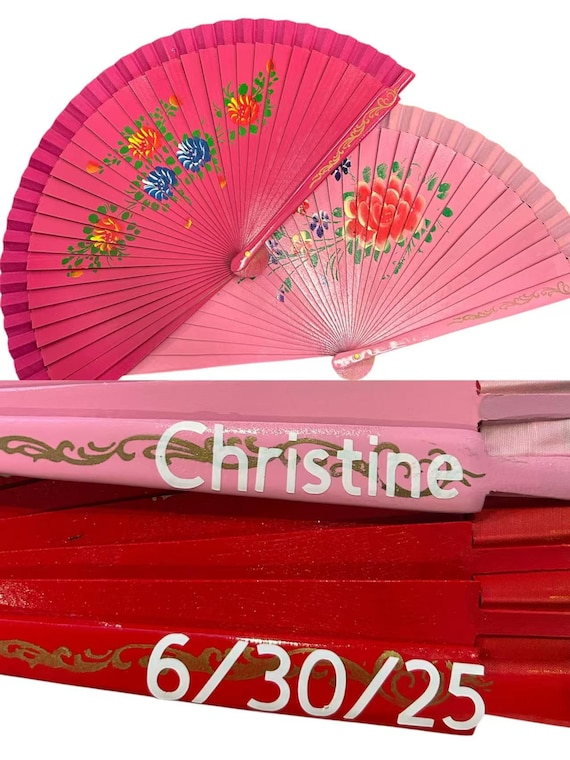 Spanish wood fan/ Vintage wood bling personalized date fan for vintage wedding party decor /personalized name fan/table wall setting