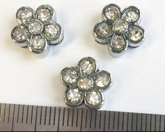 Set of 10pc silver  Rhinestone Flower Slide Charm fits 8mm Wristband for Jewelry / Crafting
