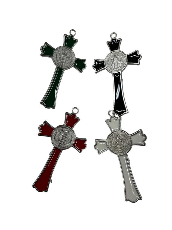 one pc white red blue Black Vintage saint benedict Cross Religious Charm - 3 inches long Jewelry Rosary Making Supplies, rosaries