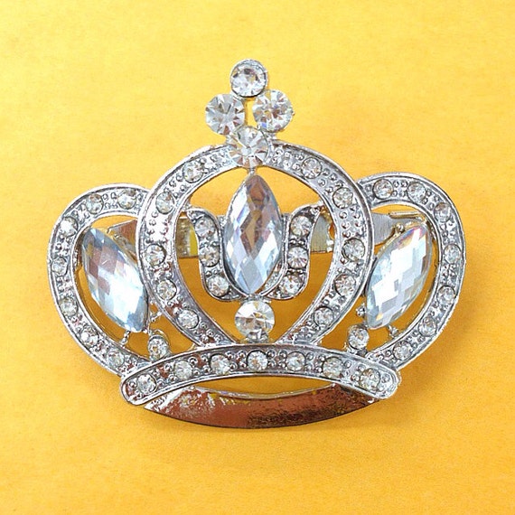 Large Rhinestone Silver  Crown Brooch 47mm x 55mm Use for Wedding Bouquet / Bridal Sash / Embellishment / Wedding Favor / Appliqué