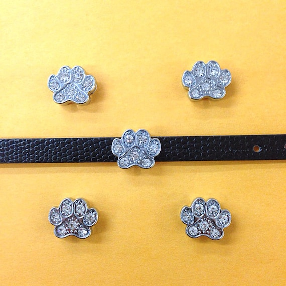 Set of 10pc Silver Rhinestone Animal Paws Slide Charm Fits 8mm Wristband for Jewelry / Crafting