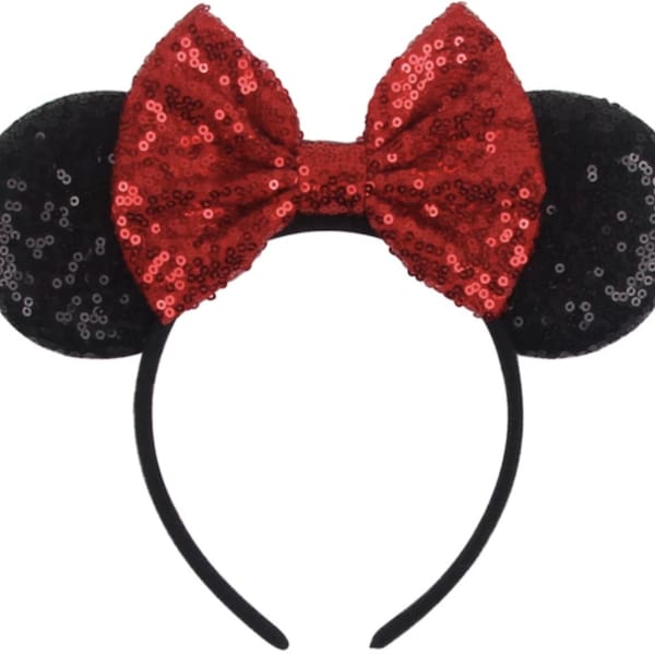 Czerwone uszy Myszki Miki i Minnie, różowo-złote uszy, halloweenowe uszy myszy, niebiesko-fioletowo-srebrno-złota tęczowa kokarda z cekinami, opaska na wieczór panieński