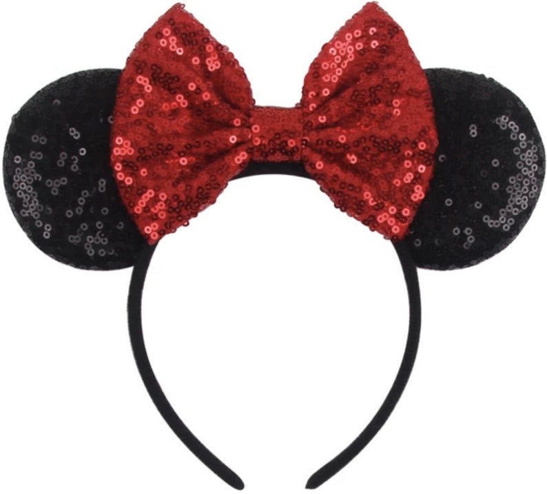 Red Mickey Minnie Mouse Ears, Rose Gold Ears, Halloween Mouse Ears, Blue Purple Silver Gold Rainbow Sequin Bow, Bachelorette Party Headband image 1