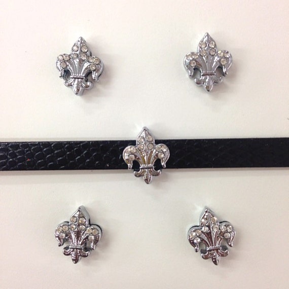 Set of 10pc Silver Rhinestone Fleur De Lis / Football Saints Slide Charm Fits 8mm Wristband for Jewelry / Crafting