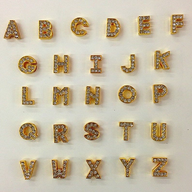 52pc Gold Rhinestone Letters Alphabet English Letters or Pick Your Own Letter Charms Fits 8mm Slide Bracelets / Keychains / Wristlets image 1