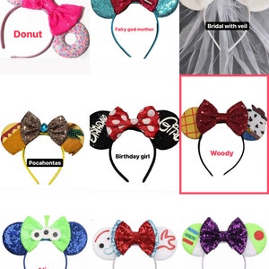 May include: A set of ten different mouse ear headbands with various themes, including a donut, a fairy godmother, a bride with a veil, a birthday girl, Woody, Pocahontas, an alien, Forky, and Buzz Lightyear. Each headband features a unique design and color scheme.