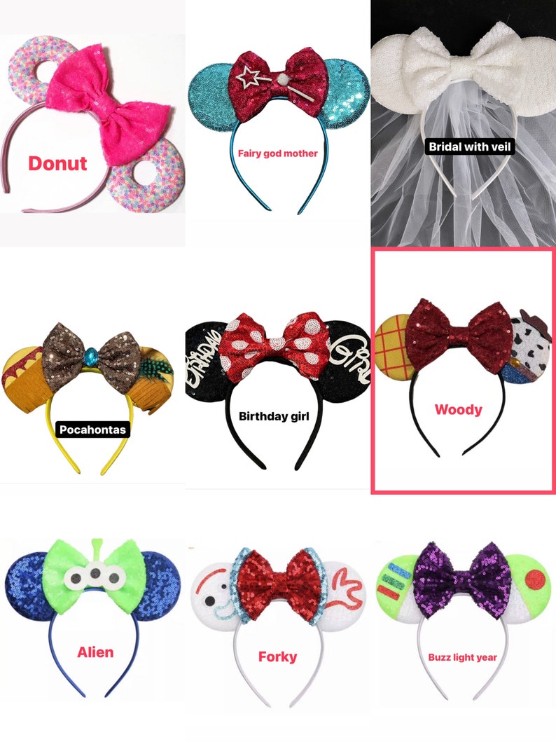 May include: A set of ten different mouse ear headbands with various themes, including a donut, a fairy godmother, a bride with a veil, a birthday girl, Woody, Pocahontas, an alien, Forky, and Buzz Lightyear. Each headband features a unique design and color scheme.