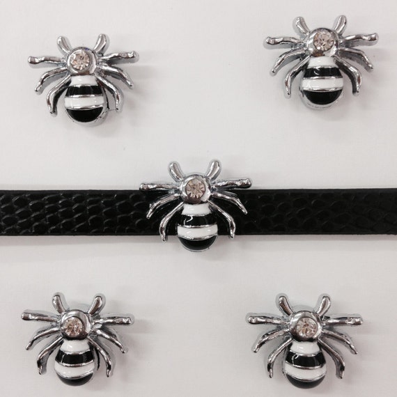 Set of 10pc Black Rhinestone Spider Slide Charm Fits 8mm Wristband for Jewelry / Crafting