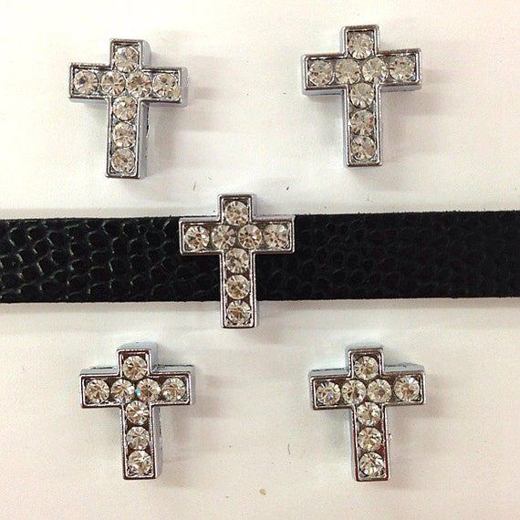 Set of 50pc Silver Rhinestone Cross Slide Charm Fits 8mm Wristband for Jewelry / Crafting