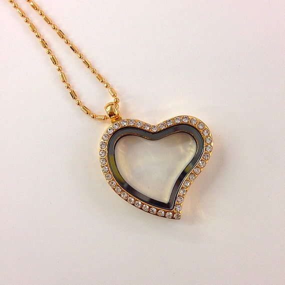 30mm Gold Heart Shape Living Locket Memory Locket w/ Rhinestone Necklace for Floating Charms