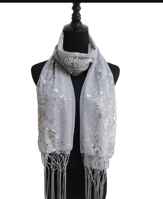 Silver Sequin Wedding Scarf Shawl / Mother's Day Gift / Evening Prom Accessories / Sequin Glitter Beaded Shawl Scarf Wrap Veil Formal