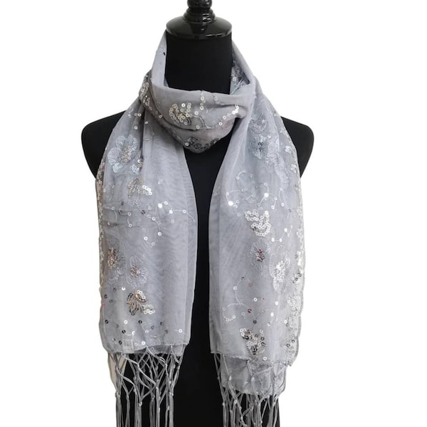 Silver Sequin Wedding Scarf Shawl / Mother's Day Gift / Evening Prom Accessories / Sequin Glitter Beaded Shawl Scarf Wrap Veil Formal