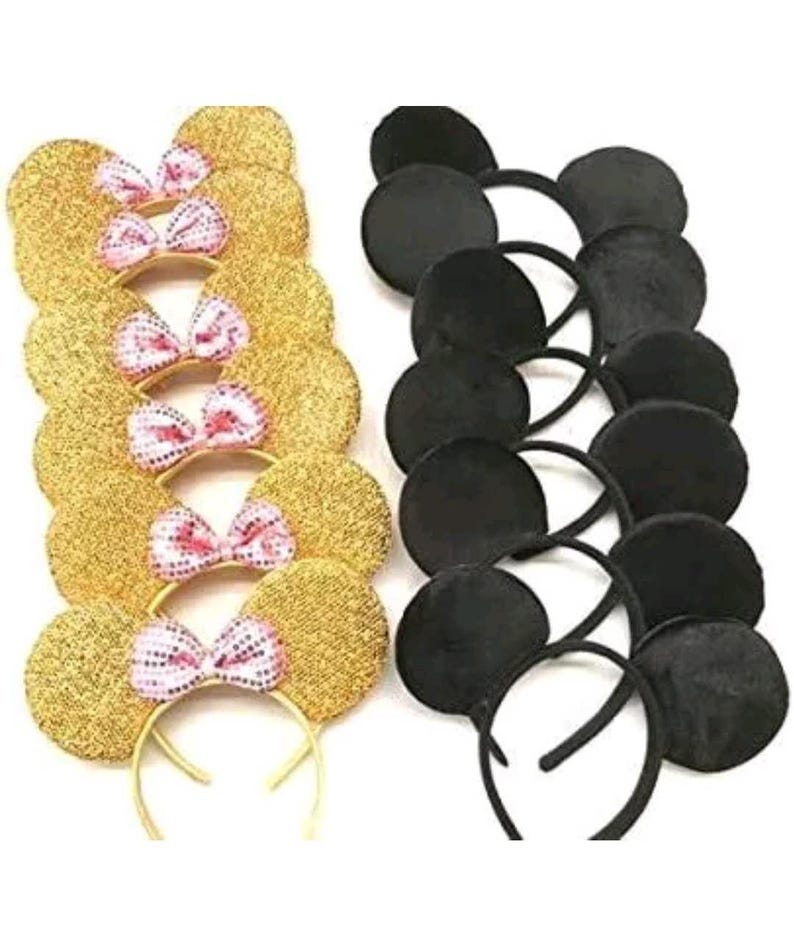 May include: A collection of headbands with mouse ears. One set features gold sequined ears with pink and white bow accents. The other set has solid black ears. Both sets have a thin, gold or black headband.