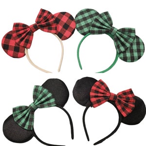 Buffalo Plaid Mickey Mouse Ears / Red Plaid Minnie Mouse Ears / White Plaid Mickey Ears, Holiday Christmas Minnie Ears, Plaid Christmas Ears