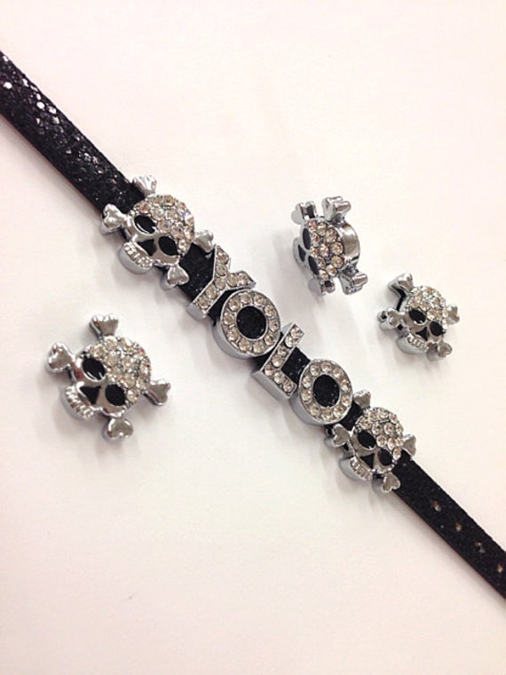 Set of 50pc Silver Rhinestone Skull Halloween Slide Charm Fits 8mm Wristband for Jewelry / Crafting