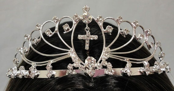 White First Communion Tiara Crown, Silver Rhinestone Crystals Tiara w Cross 1.5"x 5"