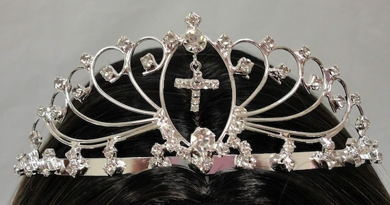 White First Communion Tiara Crown, baptism cross tiara  Silver Rhinestone Crystals Tiara w Cross 1.5"x 5"