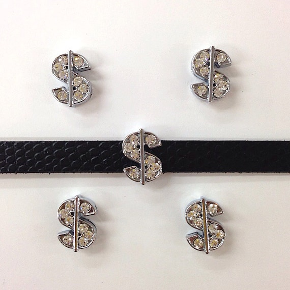 Set of 10pc Silver Rhinestone Money / Dollar Symbols Slide Charm Fits 8mm Wristband for Jewelry / Crafting