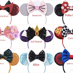 May include: Nine pairs of Disney-themed mouse ears with different colored bows and embellishments. The ears are made of sequins and fabric. The bows are made of fabric and ribbon. The embellishments include flowers, crowns, and other Disney-themed characters. The mouse ears are on a headband.