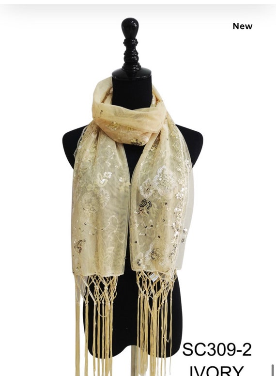 Ivory Sequin Wedding Scarf Shawl / Mother's Day Gift / Evening Prom Accessories / Sequin Glitter Beaded Shawl Scarf Wrap Veil Formal