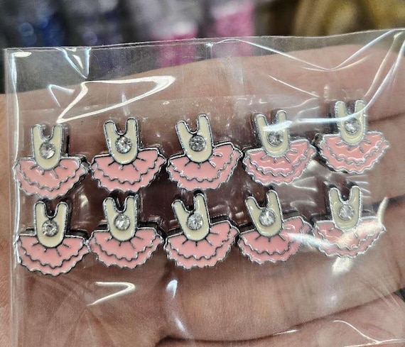 Set of 10pc Silver Rhinestone Pink Tutu / Ballet Dress Slide Charm Fits 8mm Wristband for Jewelry / Crafting