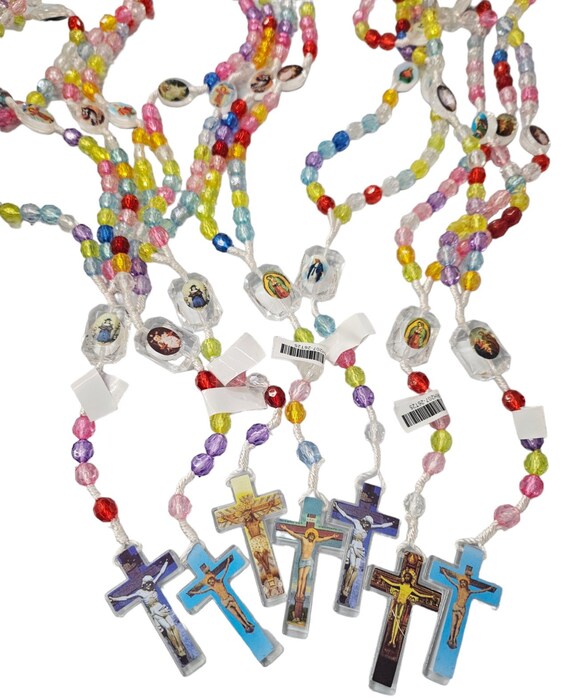 12 x mixed color beads rosary necklace with for baptism , first communion/ religious favor free gift bag