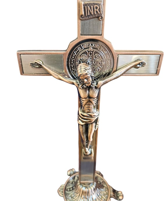 Crucifix Wall Cross–Saint Benedict Metal Wall Art–Cross Give Blessing –Crucifix Gift for wall living room display 7" x 4"