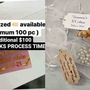 May include: The image showcases personalized favors for events. One tag reads "Veronica's XV A&ntilde;os, Julia 4, 2024." Another tag says "Our Wedding, Juan Carlos, June 25, 2024, Las Vegas, Nevada." A pink sticker with gold text and high heels is also visible.