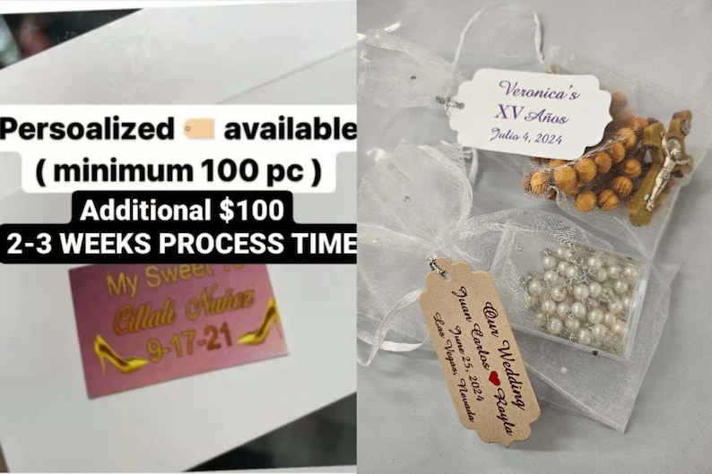 May include: The image showcases personalized favors for events. One tag reads "Veronica's XV A&ntilde;os, Julia 4, 2024." Another tag says "Our Wedding, Juan Carlos, June 25, 2024, Las Vegas, Nevada." A pink sticker with gold text and high heels is also visible.