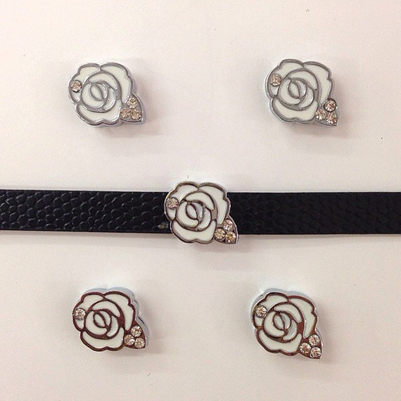 Set of 50pc Rhinestone White Flower / Rose Slide Charm phone case decoration  Fits 8mm Wristband for Jewelry / Crafting