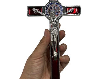 Colgantes de cruz de San Benito vintage en negro, rojo y azul para rosario de 19 cm de largo. Decoración de pared para la elaboración de rosarios de joyería.