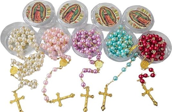 12 x Bulk Super Chic Mixed Color Full Rosary Necklace Cross for Baptism, First Communion, Religious Favor, wedding ..