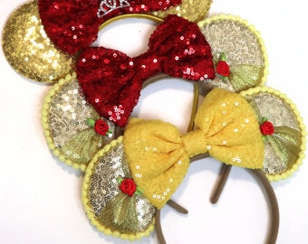 Belle Inspired Minnie Ears, Beauty and the Beast Ears, Tiara Red Minnie, Belle Mickey Ears, Winnie the Pooh Mickey Ears, Gold Minnie Ears