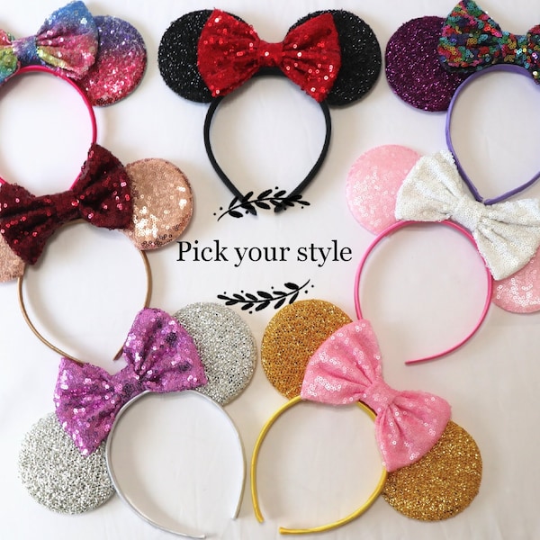Red Sequin Minnie Mouse Ears, Cheer leader dance headband, costume Mickey Ears, Purple Minnie Ears, Disney Party Ears, wholesale