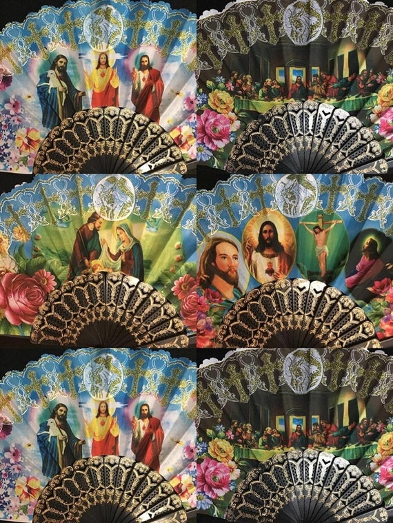 Set of 12  mixed Religious lady of guadalupe Summer Black Hand Fan with Gift Bag/table setting /initial gift bags /Baptism Favor/