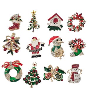 NEW! Set of 12 Vintage Inspired rhinestone Christmas Brooch Lot Holiday Brooch / Christmas Tree / Snowman / Xmas Pin Lot / Party Favor