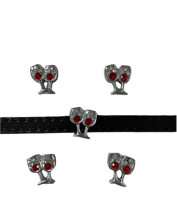 Set of 10pc Silver Rhinestone Pair of Wine Glasses Slide Charm Fits 8mm Wristband for Jewelry / Crafting