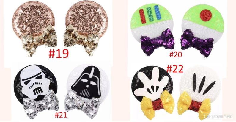 Puede incluir: Una colecci&oacute;n de diademas con orejas de rat&oacute;n con lentejuelas. Los dise&ntilde;os incluyen oro rosa, verde y blanco con un lazo morado, blanco y negro con un lazo plateado y un dise&ntilde;o de mano de Mickey Mouse con un lazo amarillo. Cada diadema tiene un n&uacute;mero.