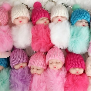 Set of 12 Super Cute Sleeping Baby angel Faux Fur Keychain Baby Shower Favor / Game Prize / Party Favor / Guest Gift / baby shower favor