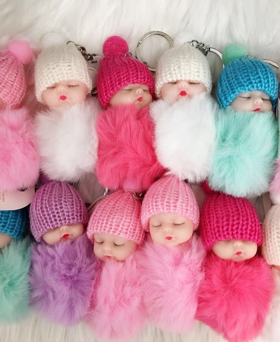 Set of 12 Super Cute Sleeping Baby Faux Fur Keychain Baby Shower Favor / Game Prize / Party Favor / Guest Gift / baby shower favor
