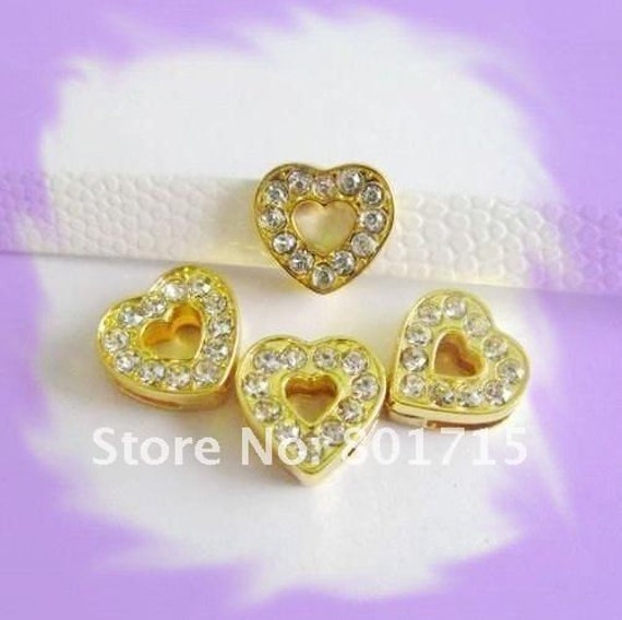 Set of 10pc Gold Rhinestone Heart Slide Charm Fits 8mm Wristband for Jewelry / Crafting