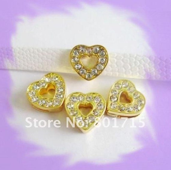 Set of 50pc Gold Rhinestone Heart Slide Charm Fits 8mm Wristband for Jewelry / Crafting