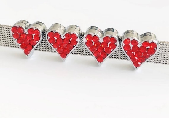 Set of 10pc Red Rhinestone Heart Slide Charm Fits 8mm Wristband for Jewelry / Crafting