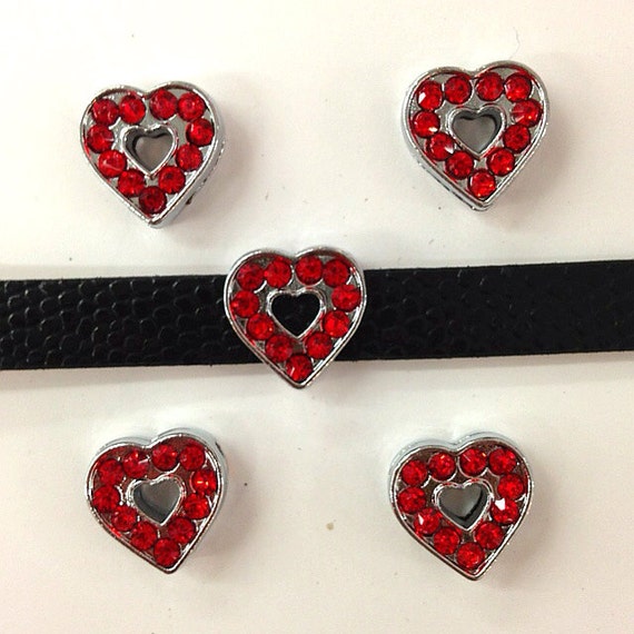 Set of 10pc Red Rhinestone Heart Slide Charm Fits 8mm Wristband for Jewelry / Crafting